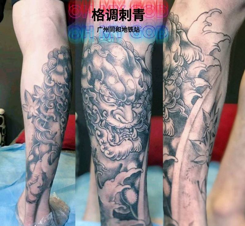 小腿唐狮纹身图片_腿部新传统唐狮小腿纹身图案