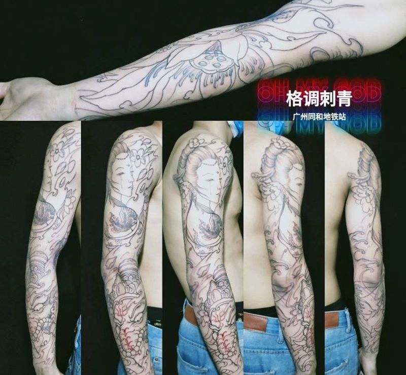 艺伎象神花臂定线纹身图片_手臂新传统艺伎象神花臂纹身图案