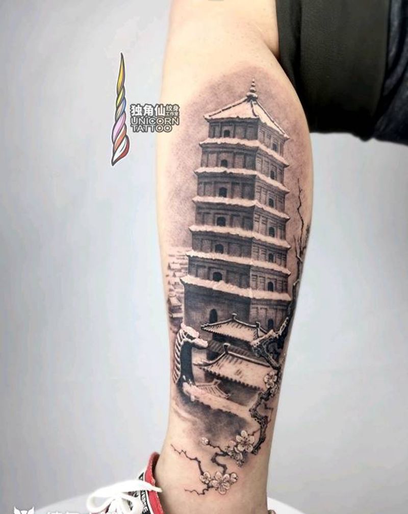 大唐•长安纹身图片_腿部欧美写实水墨原创黑灰中国风纹身图案