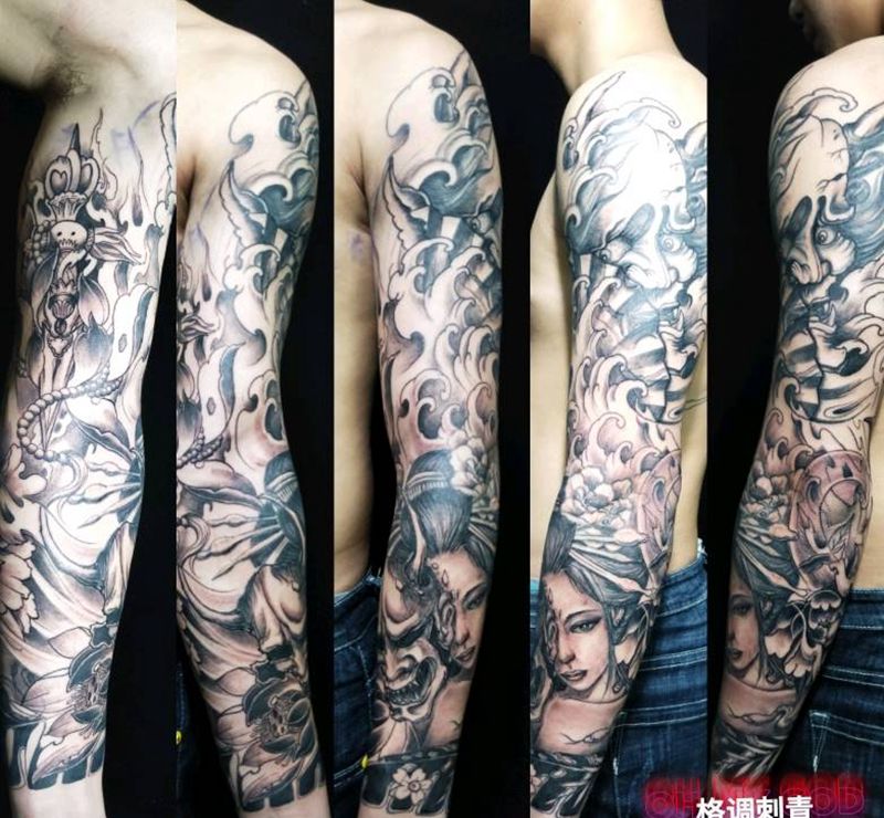 修改花臂线条纹身图片_手部新传统艺伎扇子般若修改纹身图案