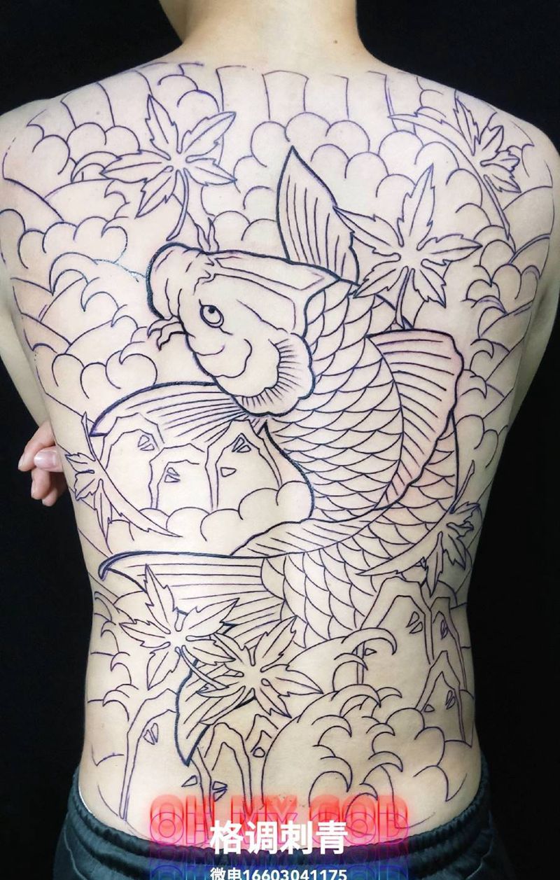 今工，日式鲤鱼定线完成纹身图片_背部老传统鲤鱼满背纹身图案