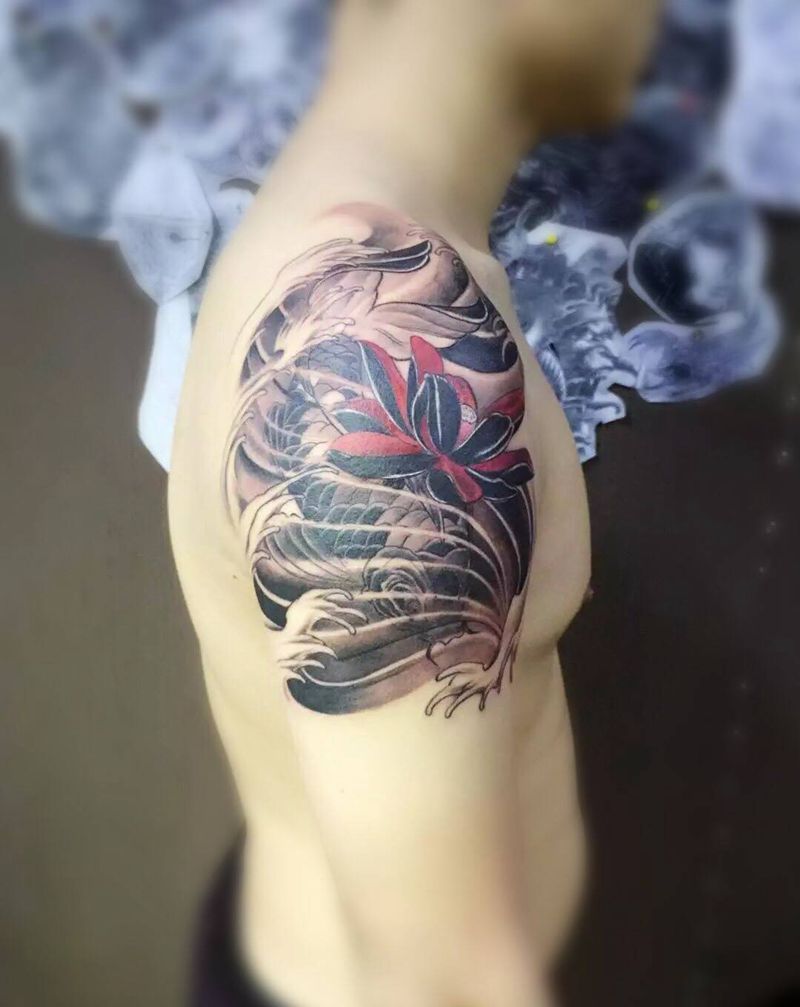 鲤鱼纹身图片_成品肩部手臂传统动物纹身图案