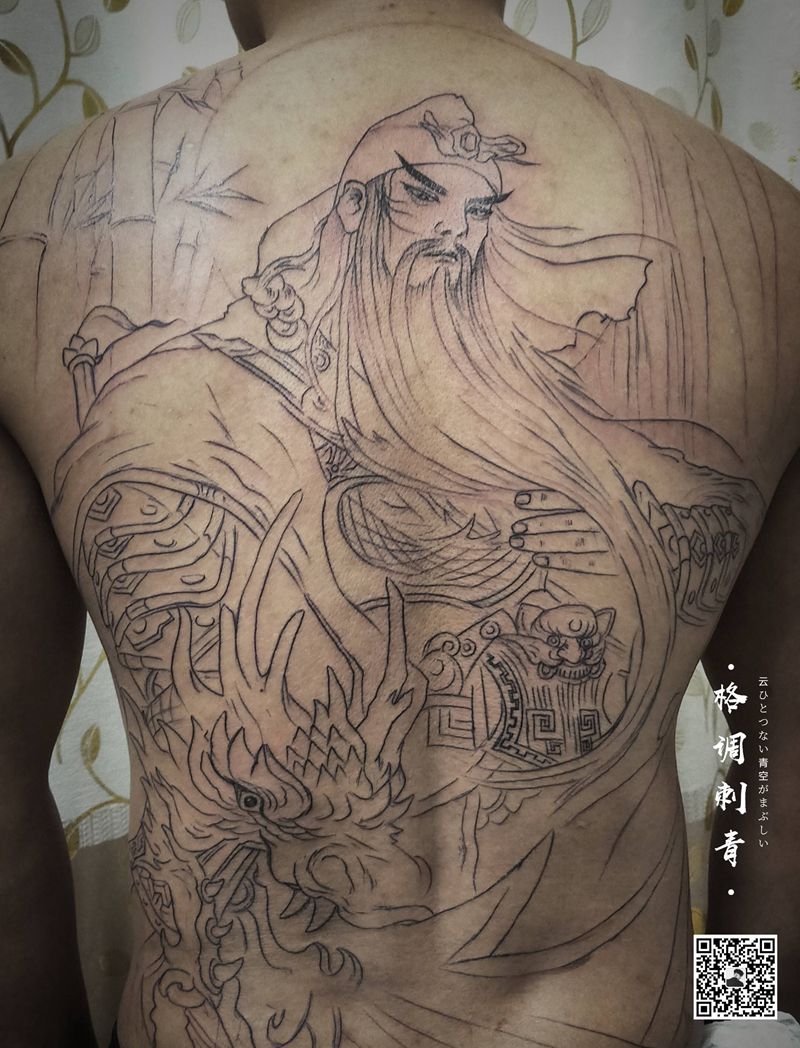 关公满背线条纹身图片_背部新传统关公关羽纹身图案
