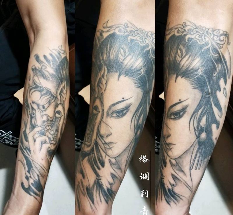 恢复后一年半艺伎纹身图片_手臂新传统艺伎般若纹身图案