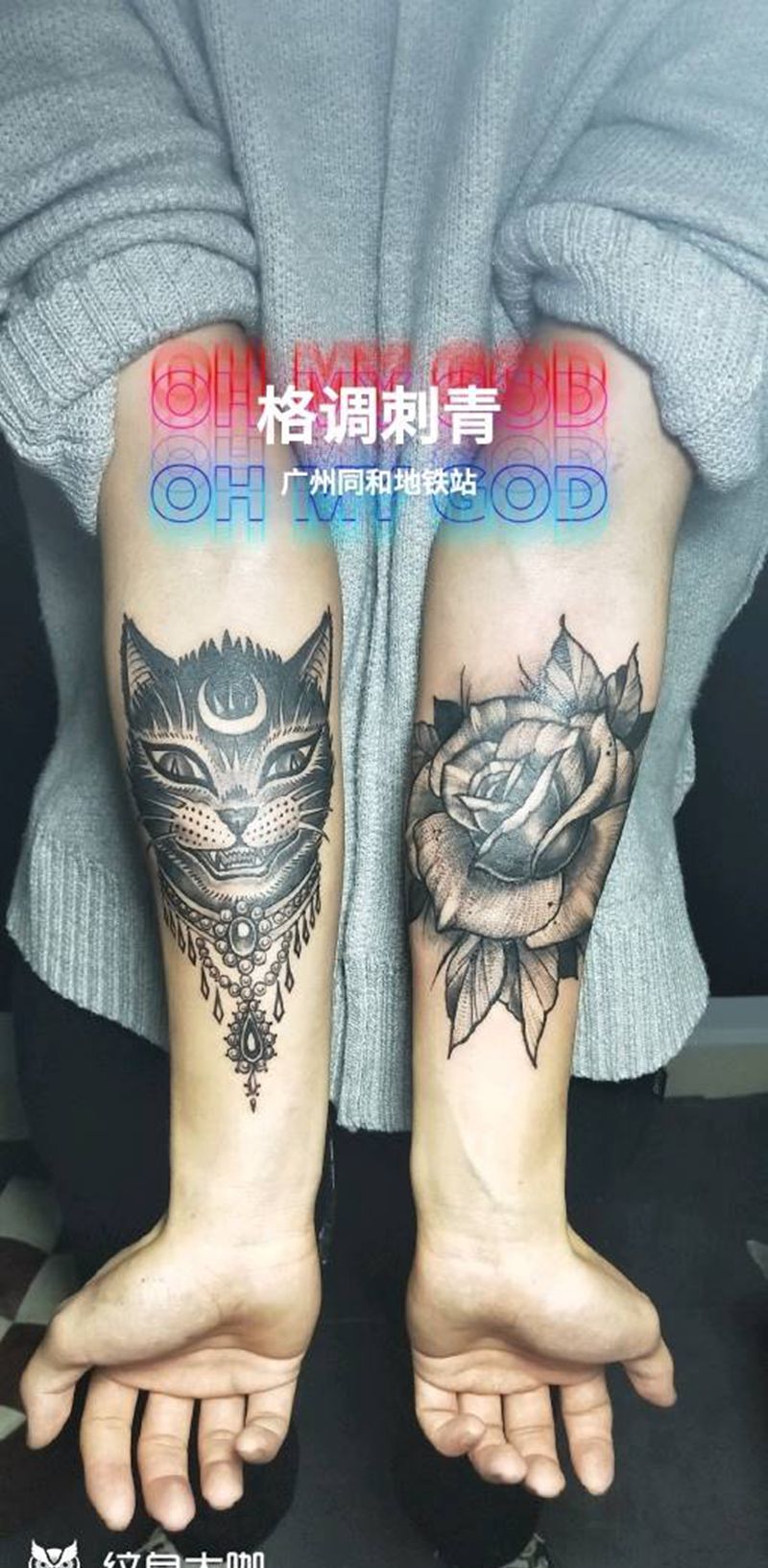 猫语玫瑰。纹身图片_手臂Old School点刺猫玫瑰纹身图案