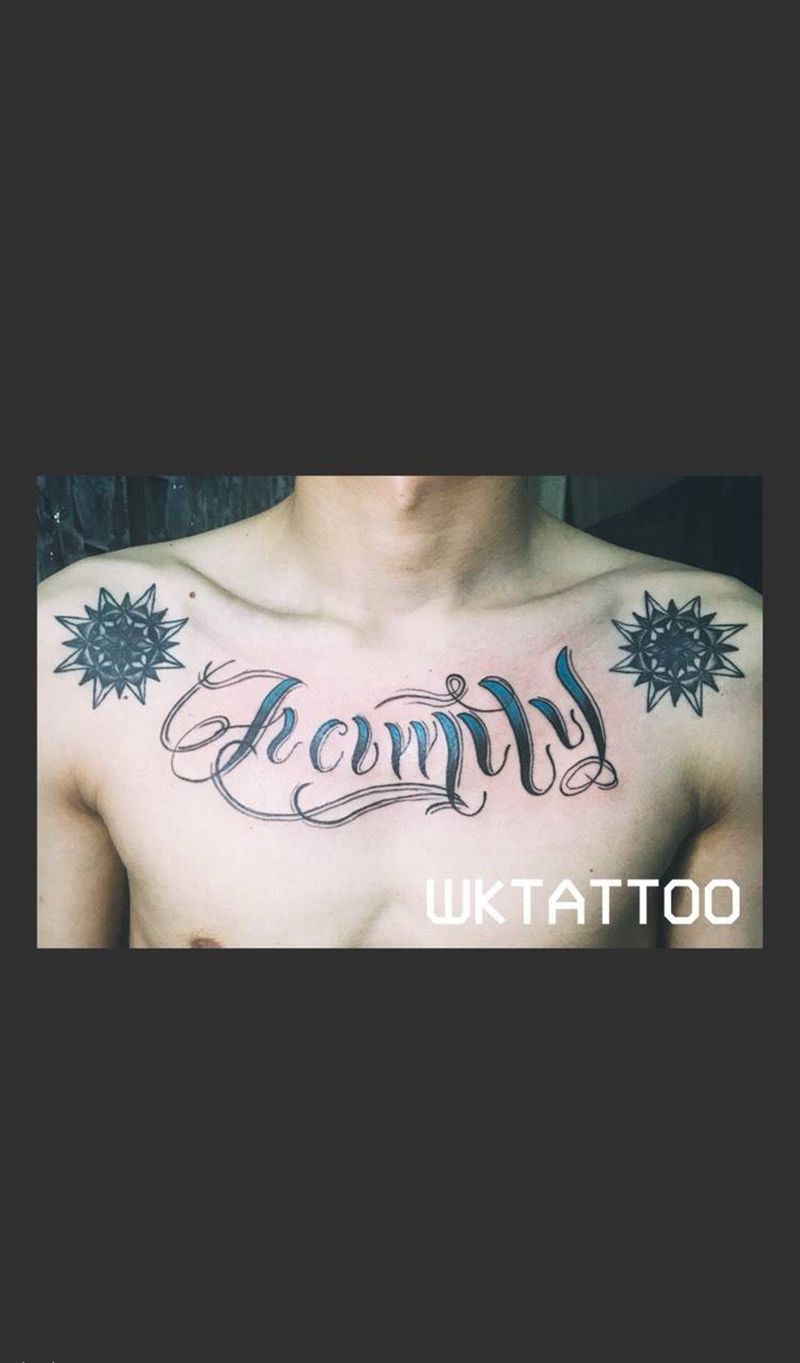 花体英文纹身图片_原创字符欧美胸部成品纹身图案