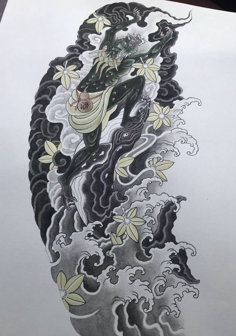 水怪骑鲸鱼手稿纹身图片_手臂纹身图案