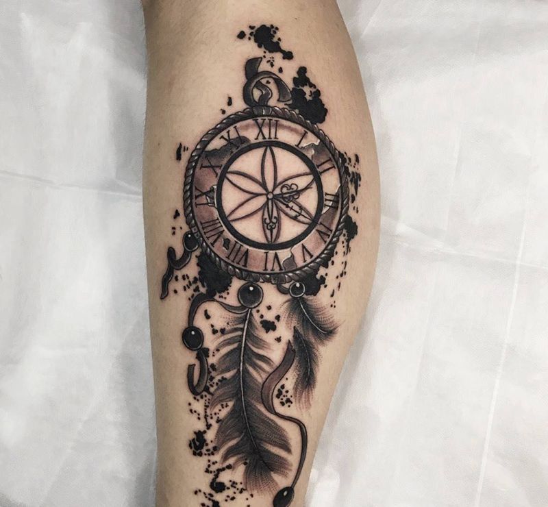 捕梦网纹身图片_腿部水墨捕梦网纹身图案