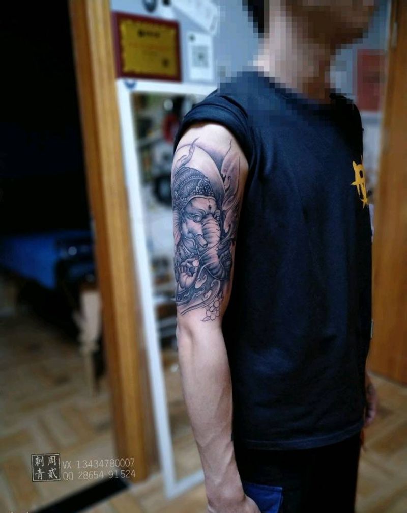 象神纹身图片_手臂新传统纹身图案
