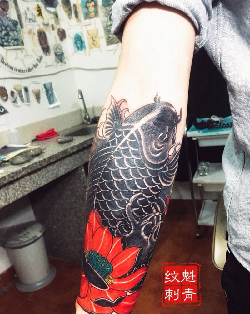 鲤鱼遮盖作品纹身图片_传统原创动物手臂成品纹身图案