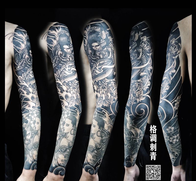 日式花臂纹身图片_手臂老传统新传统艺伎达摩日式纹身图案