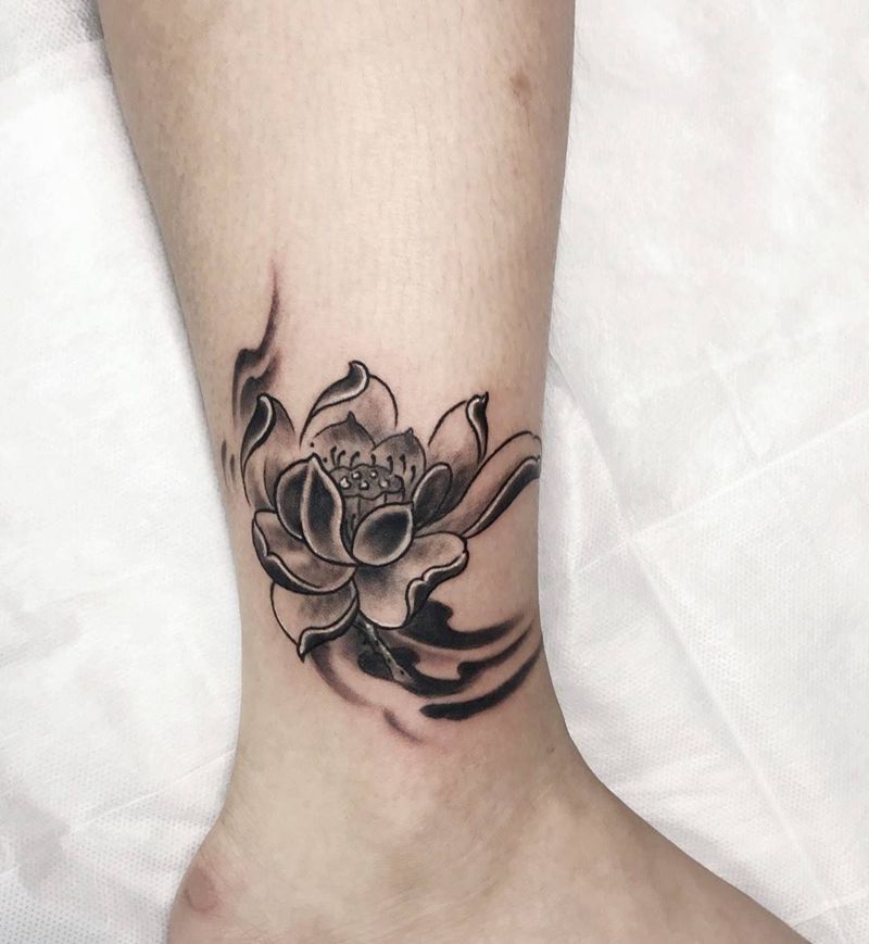 荷花遮盖旧纹身纹身图片_传统静物植物成品腿部纹身图案