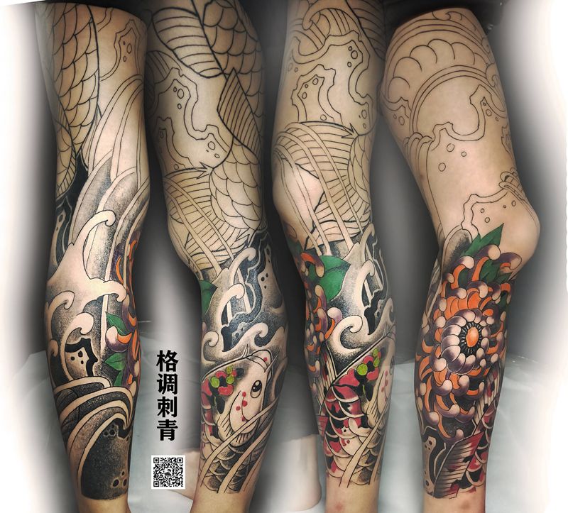 花腿进度，纹身图片_腿部老传统鱼花腿纹身图案
