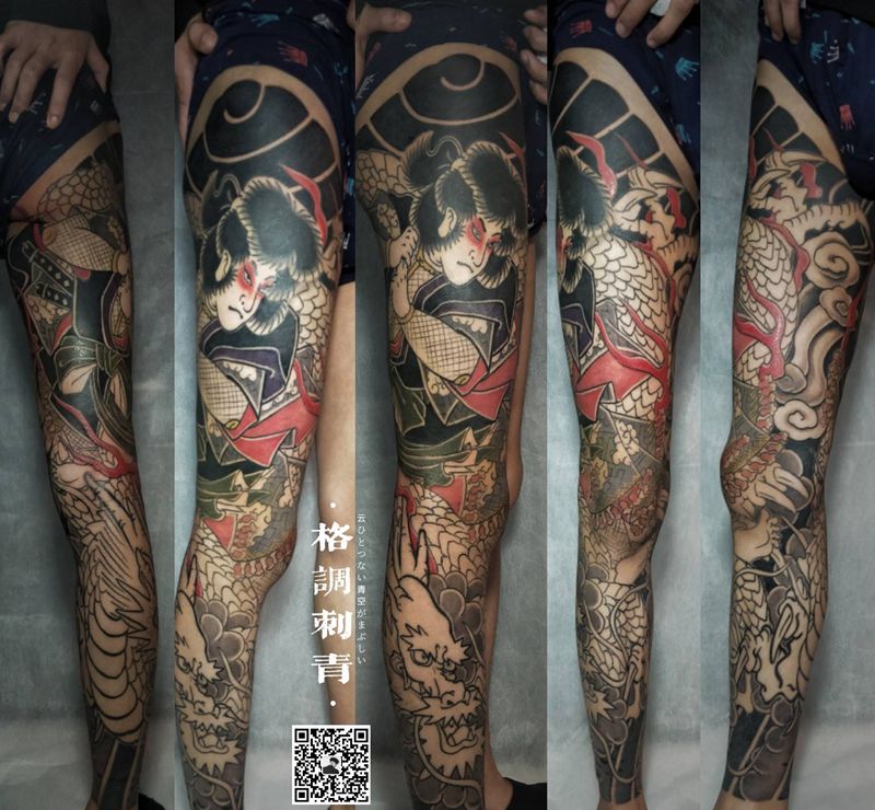 云龙九郎花腿纹身图片_腿部老传统云龙九郎花腿纹身图案