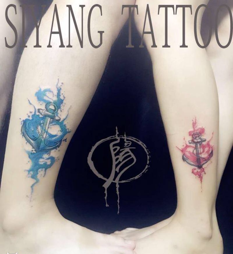 泼墨情侣船锚纹身图片