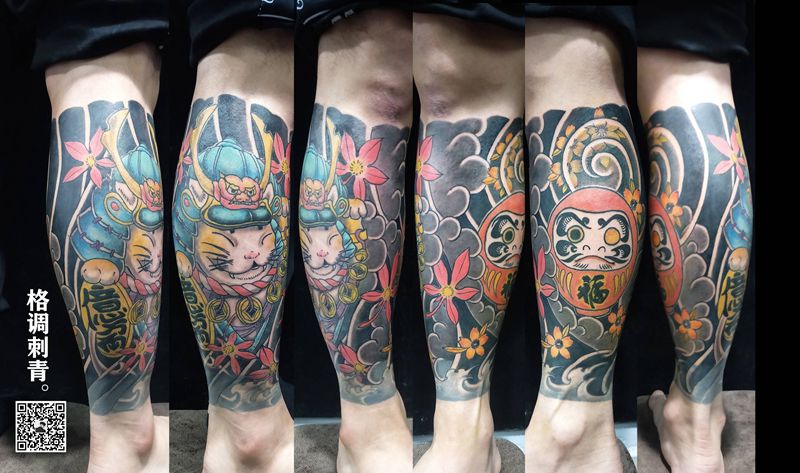日式包小腿纹身图片_腿部老传统招财猫达摩蛋彩色老传统纹身图案
