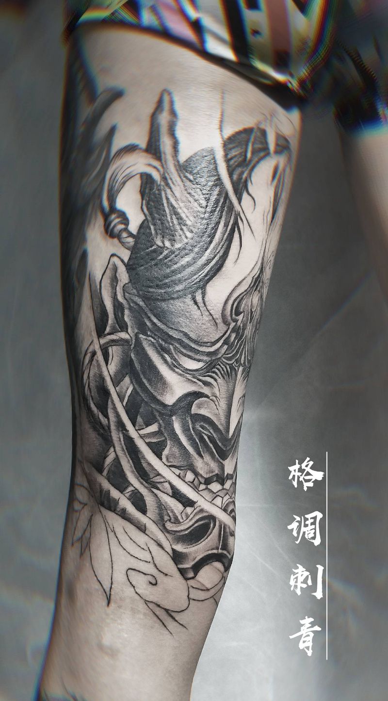 内侧般若未完成纹身图片_腿部新传统班若般若纹身图案