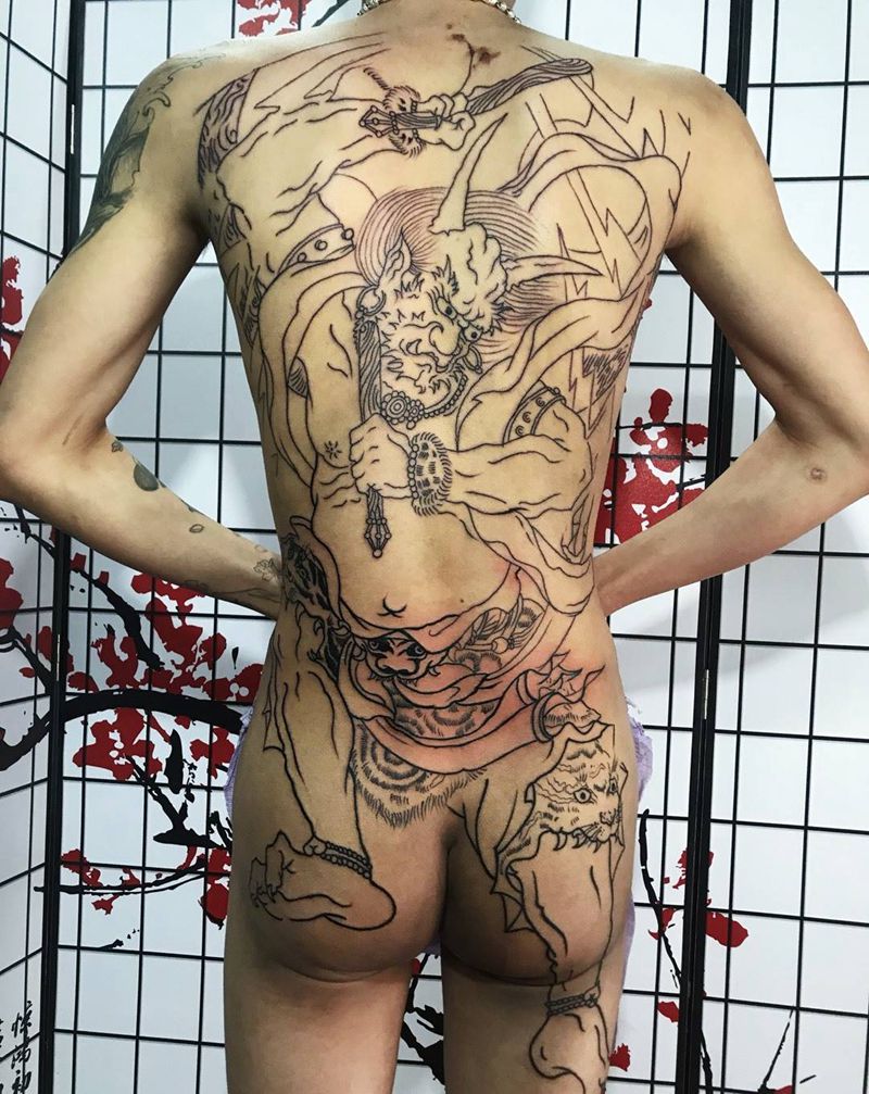 雷神纹身图片_传统宗教背部成品鬼神纹身图案