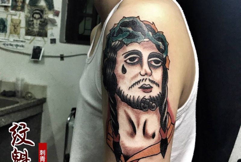 耶稣纹身图片_成品手臂宗教传统鬼神纹身图案