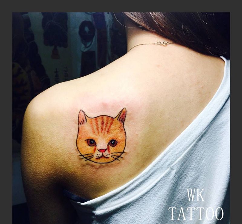 小猫纹身图片_成品原创动物清新肩部纹身图案
