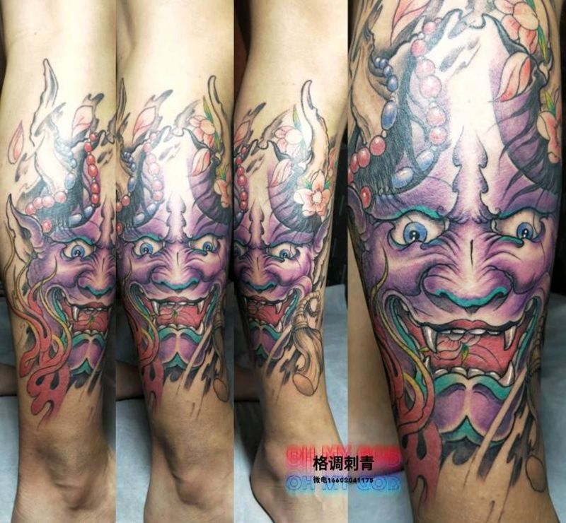 小腿彩色般若纹身图片_腿部新传统彩色般若纹身图案