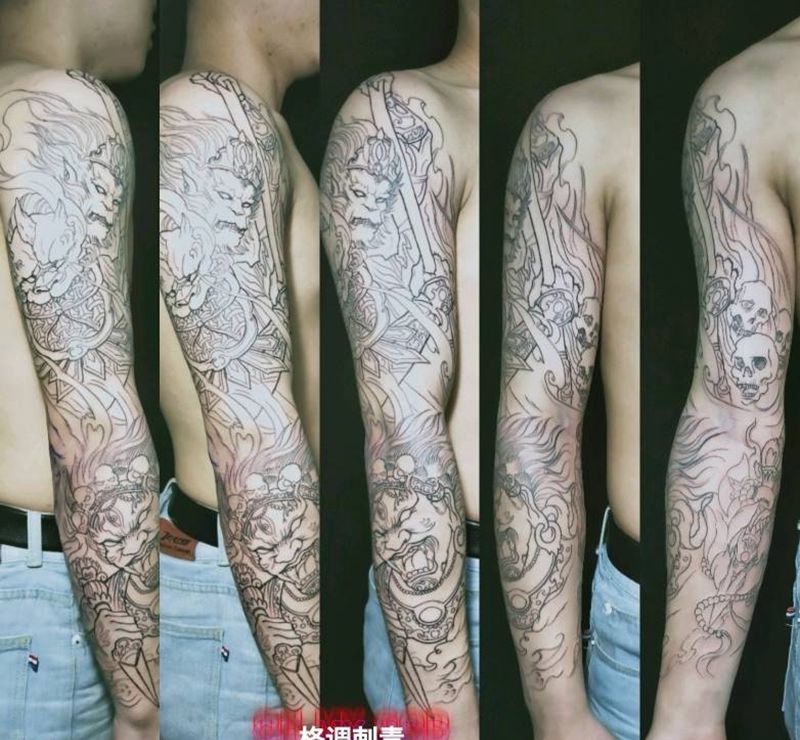 神话主体花臂定线纹身图片_手臂新传统悟空大黑天线条纹身图案