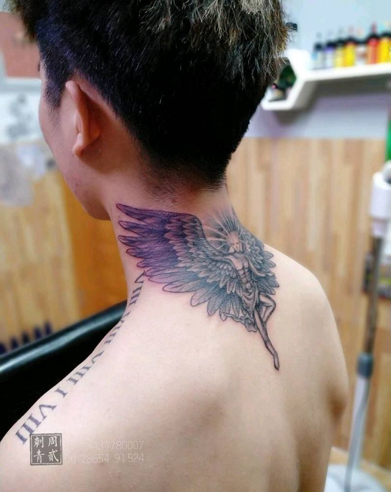 炽天使纹身图片_颈部纹身图案