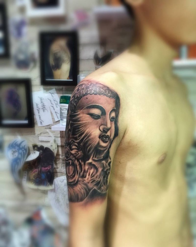 佛与魔纹身图片_成品肩部手臂传统人物鬼神宗教纹身图案