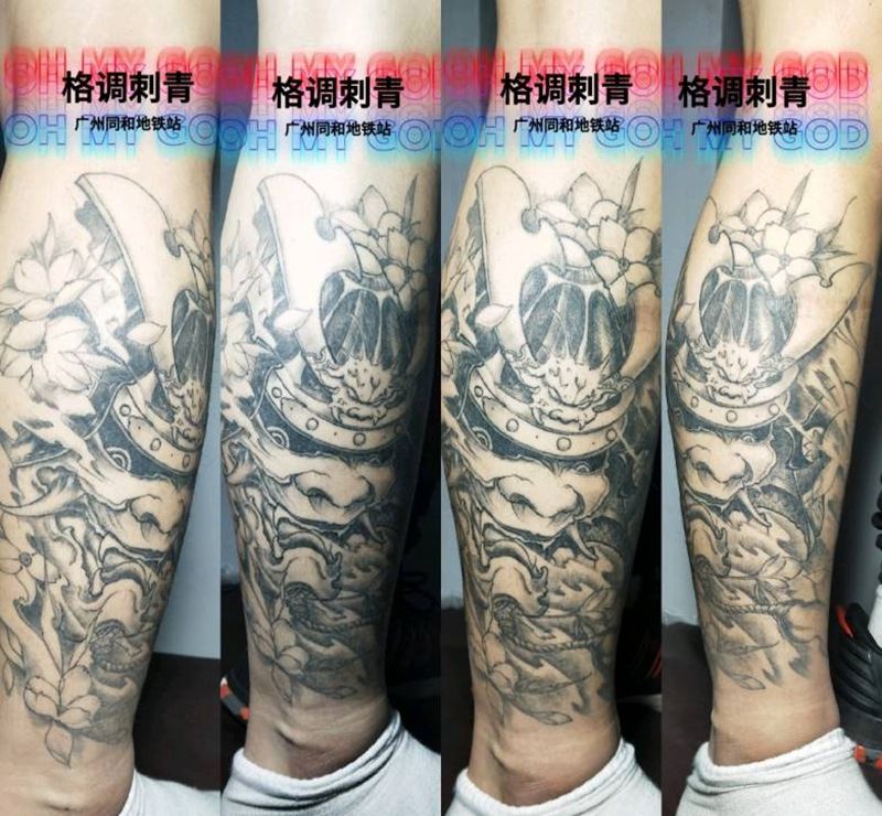 精雕鬼武士恢复照纹身图片_腿部新传统鬼武士精雕纹身图案