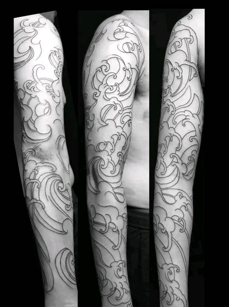 浪臂线条纹身图片_手臂老传统浪花浪臂纹身图案