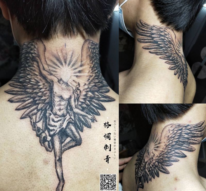 炽天使Ⅱ纹身图片_颈部欧美写实炽天使权志龙纹身图案
