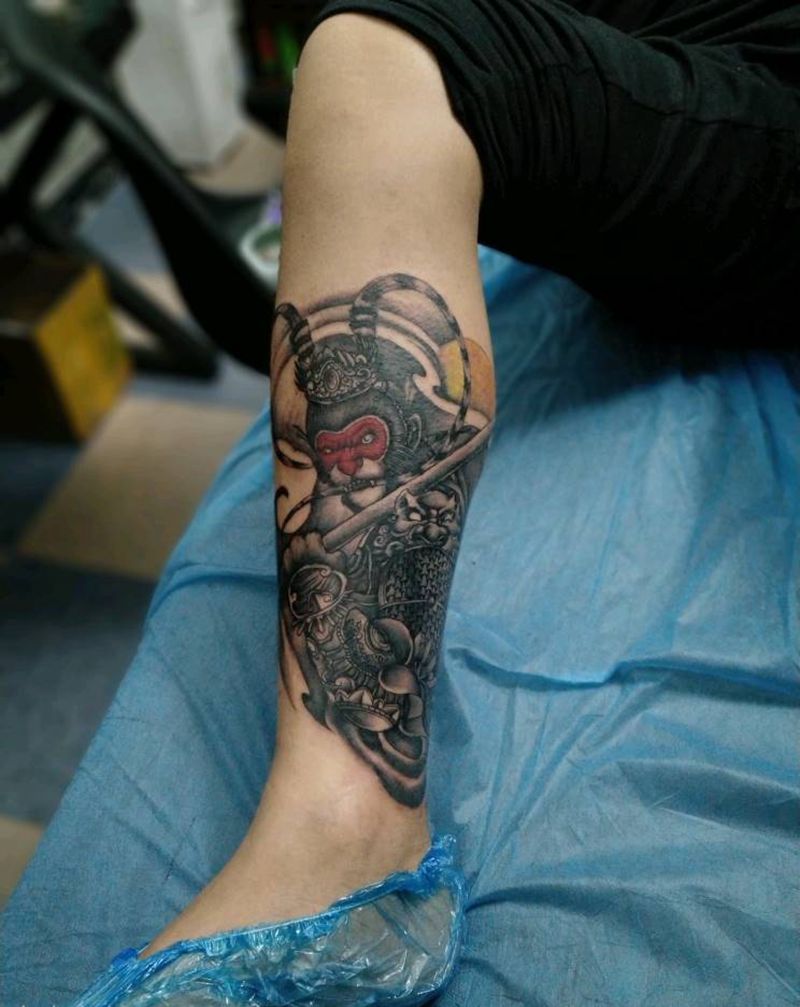 猴纹身图片_腿部新传统纹身图案