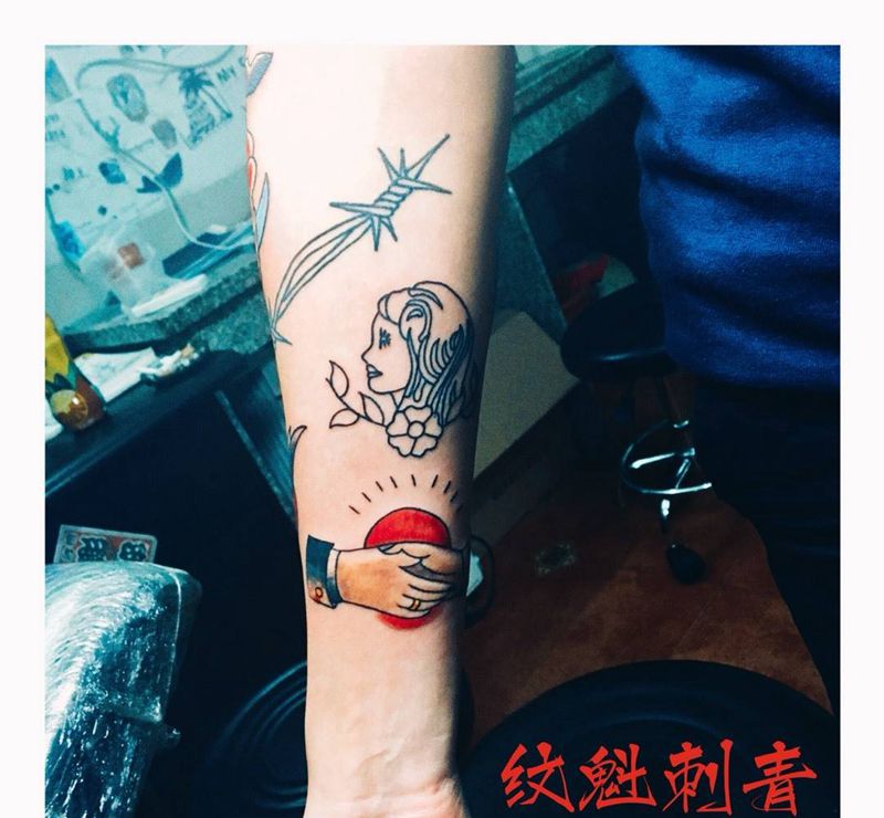 小图拼接纹身图片_人物动物几何传统手臂成品纹身图案