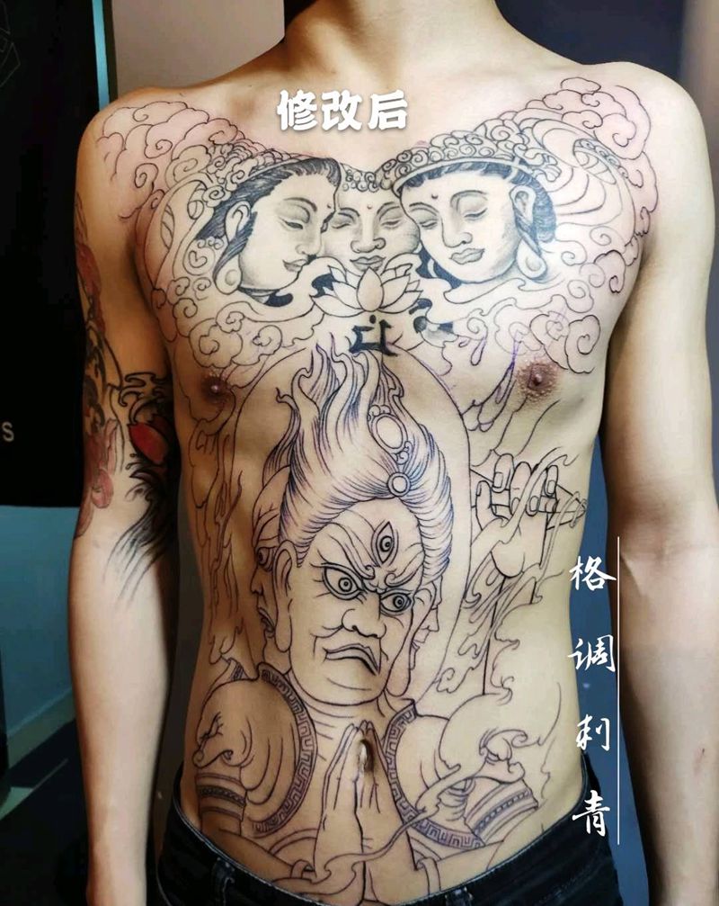 花肚，花胸加背景纹身图片_腹部新传统花肚不动纹身图案