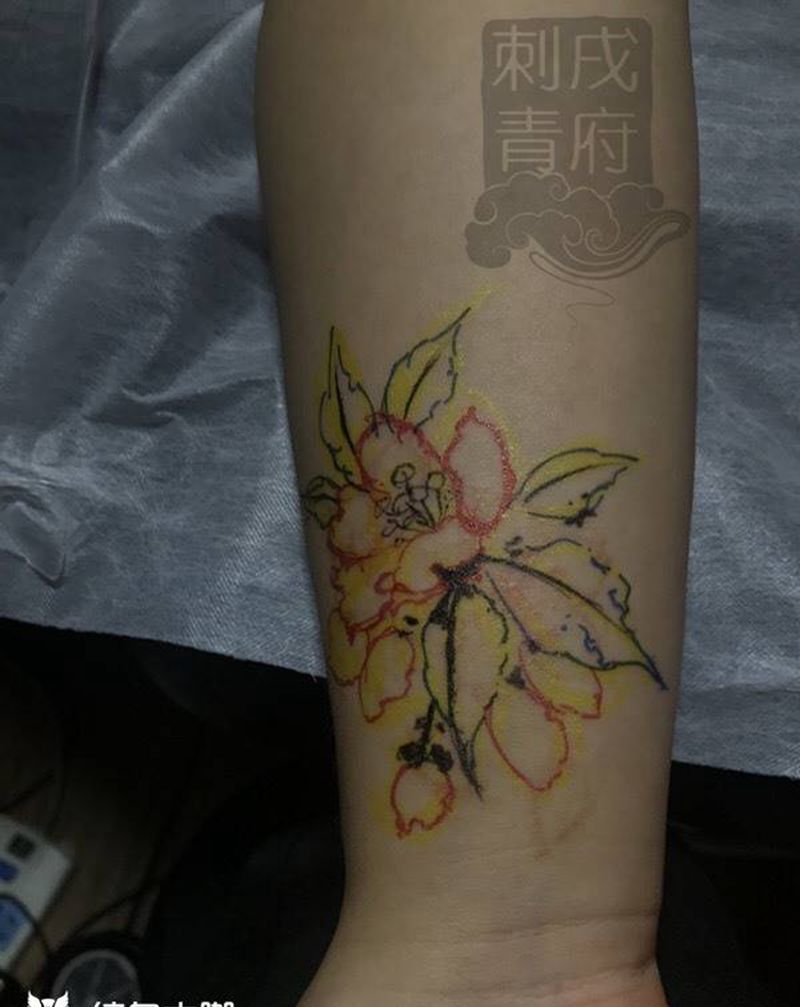 小发发纹身图片_清新传统国画成品原创樱花植物纹身图案