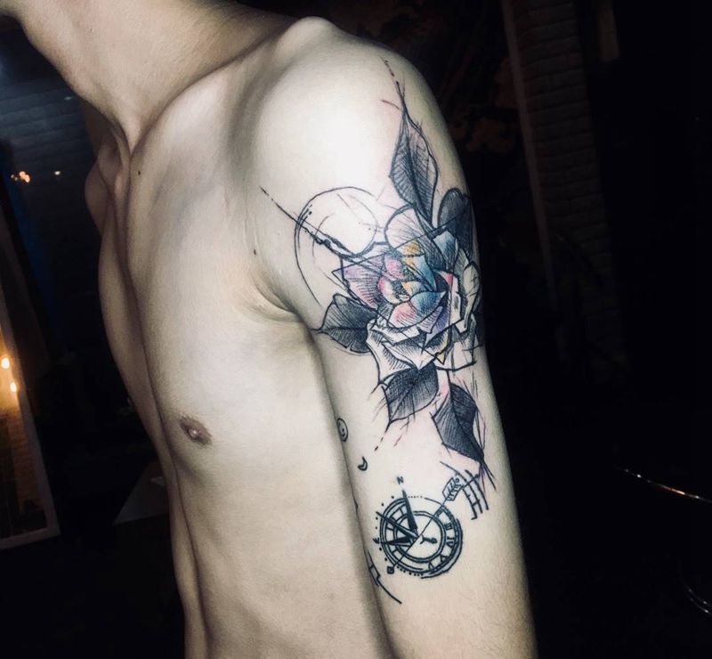 草稿玫瑰纹身图片_手臂纹身图案