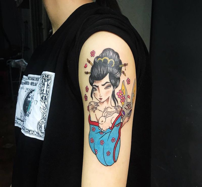 艺妓纹身图片_成品手稿原创人物传统手臂动物纹身图案