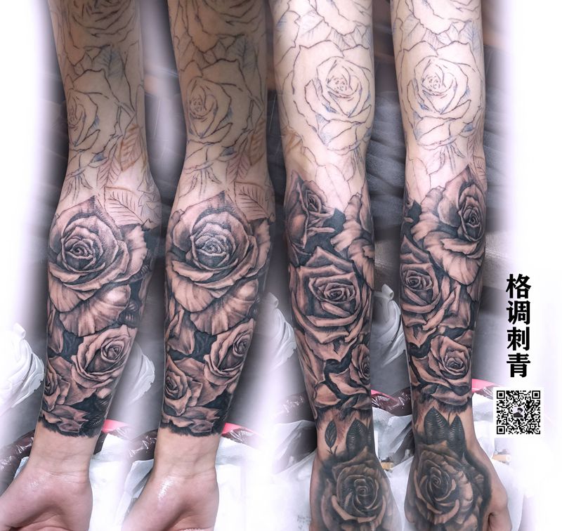 玫瑰花臂纹身图片_手臂欧美写实玫瑰花臂纹身图案