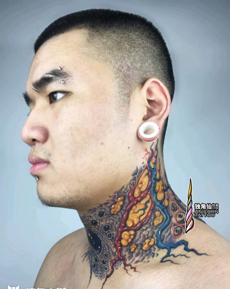 生化花脖纹身图片_颈部New School原创欧美彩色原创设计纹身图案