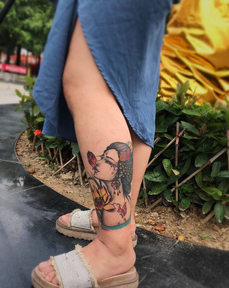 艺妓纹身图片_成品腿部传统人物艺妓纹身图案