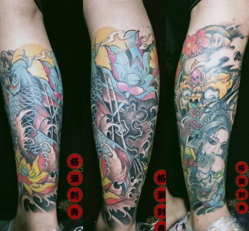 修改包小腿纹身图片_腿部新传统修改鲤鱼嘎巴拉纹身图案