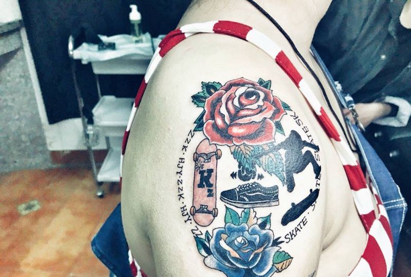 客人原创手稿纹身图片_字符人物原创清新肩部成品纹身图案