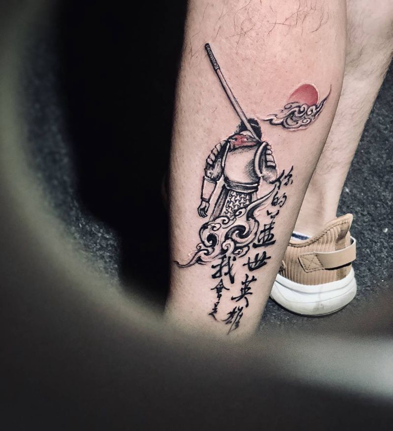 我是你的盖世英雄纹身图片_腿部水墨点刺纹身图案