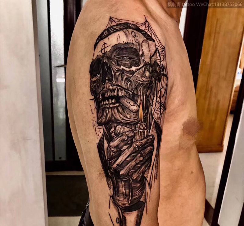骷髅绅士纹身图片_手臂肩部点刺几何骷髅骷髅头纹身图案
