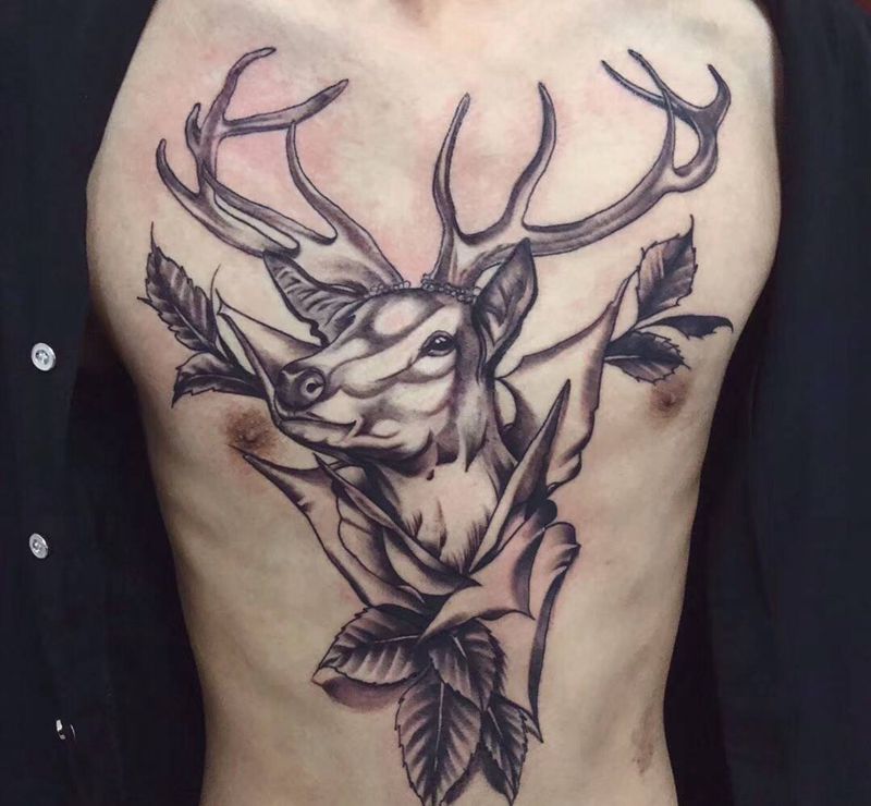 鹿纹身图片_胸部欧美写实Old School鹿纹身图案