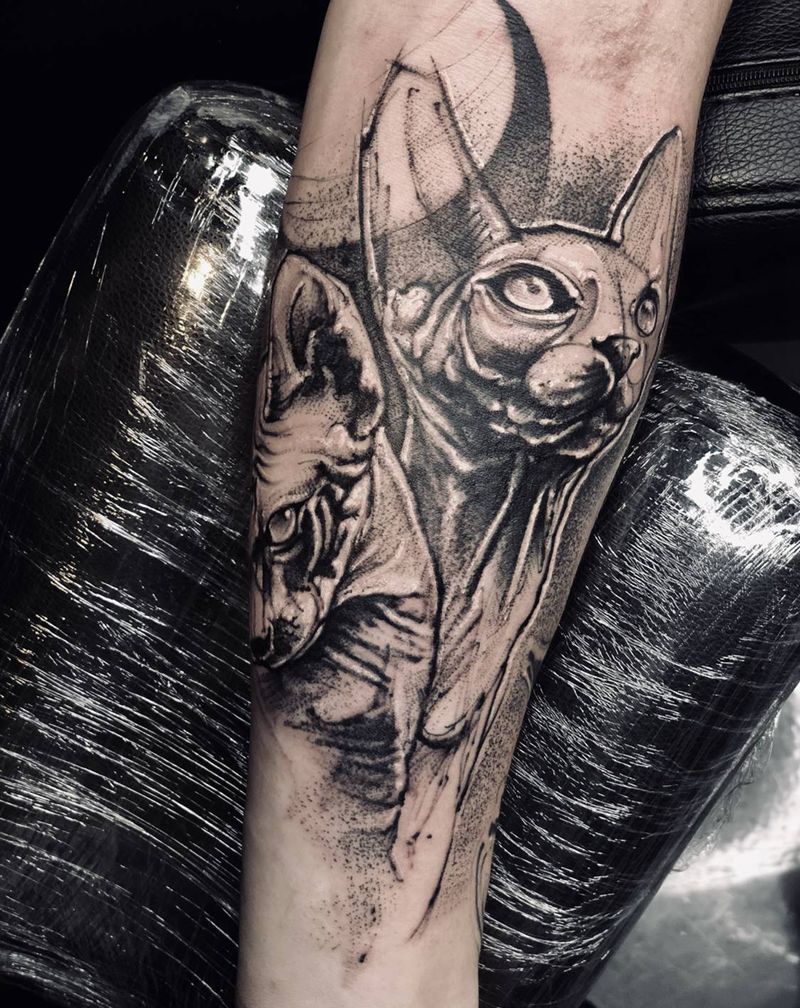斯芬克斯猫～纹身图片_手臂点刺欧美写实纹身图案