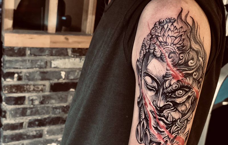 临摹佛魔一念间纹身图片_手臂新传统点刺纹身图案