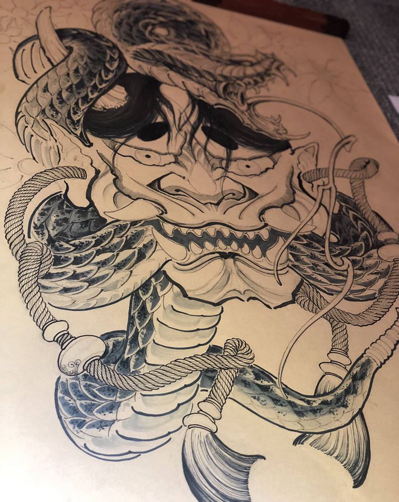 新老传统结合般若手稿纹身图片_背部腿部新传统老传统纹身图案