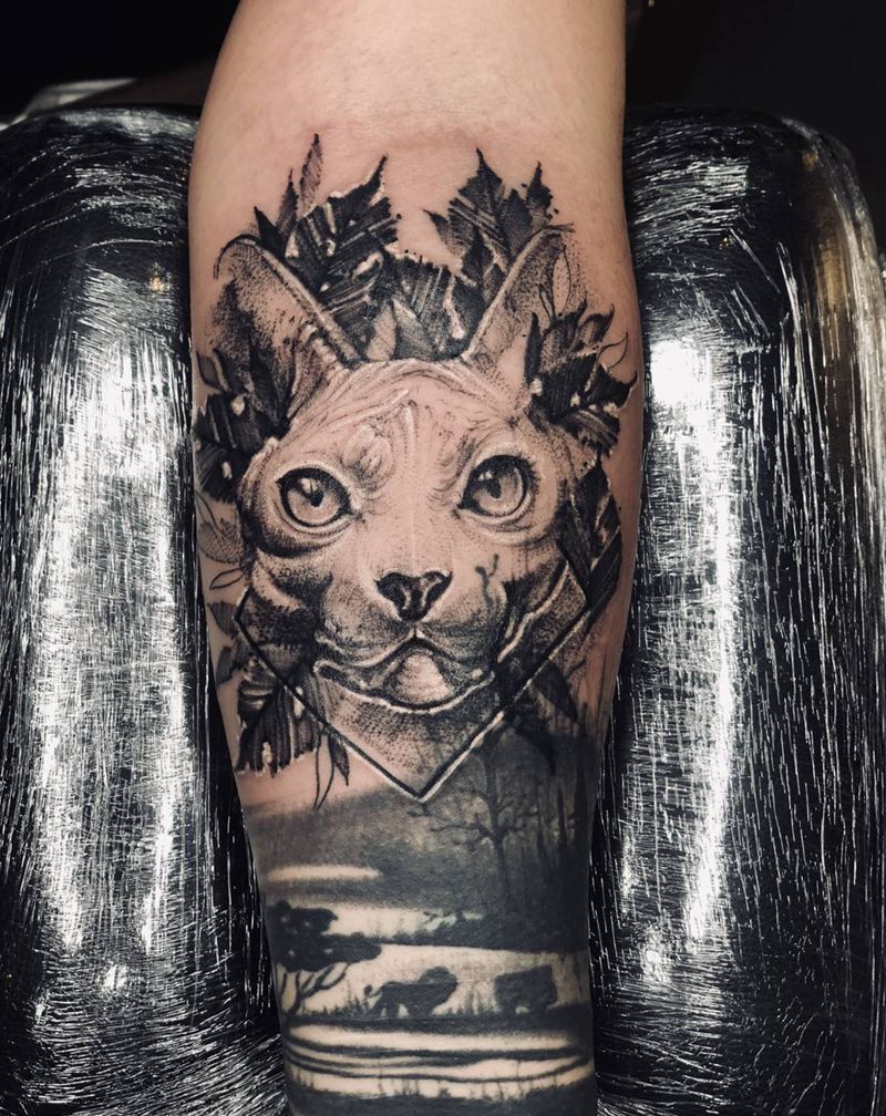 无毛猫愿创纹身图片_手臂点刺欧美写实纹身图案