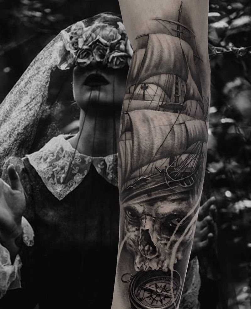 骷髅纹身图片_手臂欧美写实暗黑骷髅帆船纹身图案